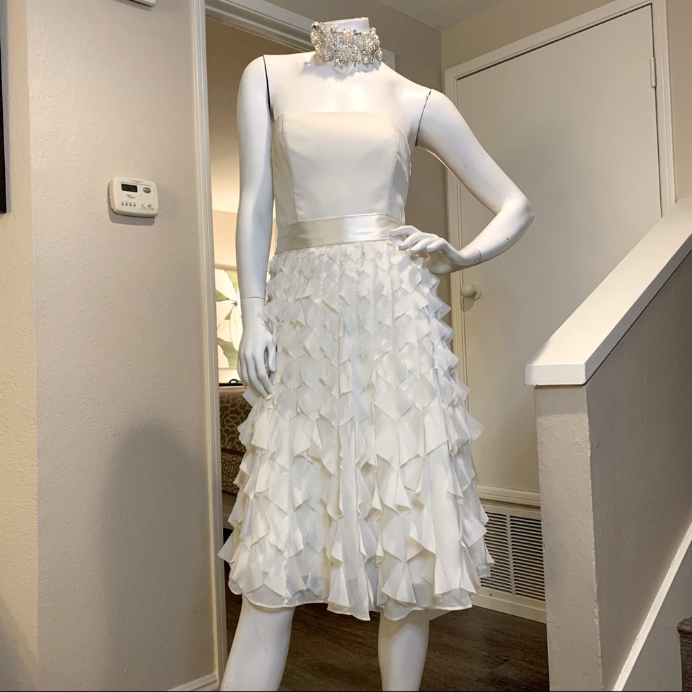 White House Black Market Off-white Strapless ruffle tea length cocktail dress!